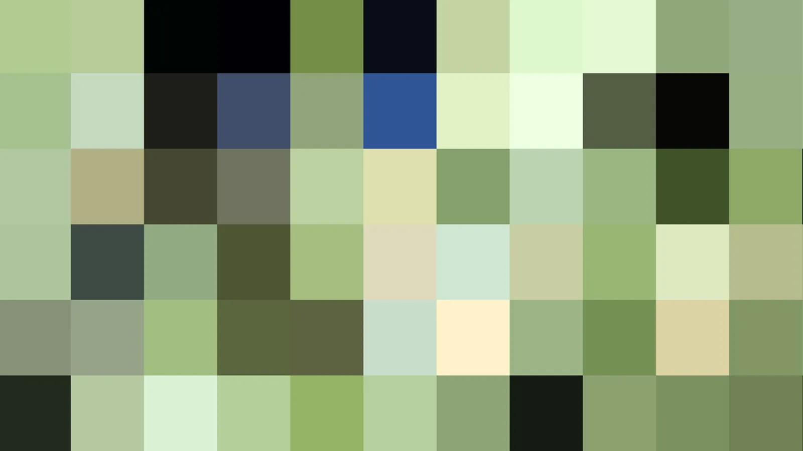Pixelmosaik aus grünen, beigen, schwarzen und blauen Quadraten in einem groben Raster