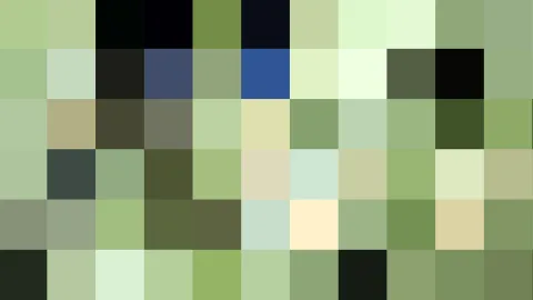 Pixelmosaik aus grünen, beigen, schwarzen und blauen Quadraten in einem groben Raster