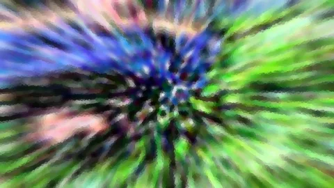 Abstrakte Komposition aus blauen, grünen und rosafarbenen Streifen, die von einem zentralen Punkt nach außen laufen.