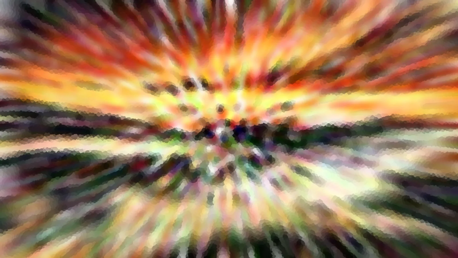 Abstrakte Komposition aus radial verwischten Farbstreifen in Orange, Gelb und Grün, darunter dunkle Hügel am Horizont.