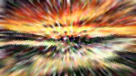 Abstrakte Komposition aus radial verwischten Farbstreifen in Orange, Gelb und Grün, darunter dunkle Hügel am Horizont.