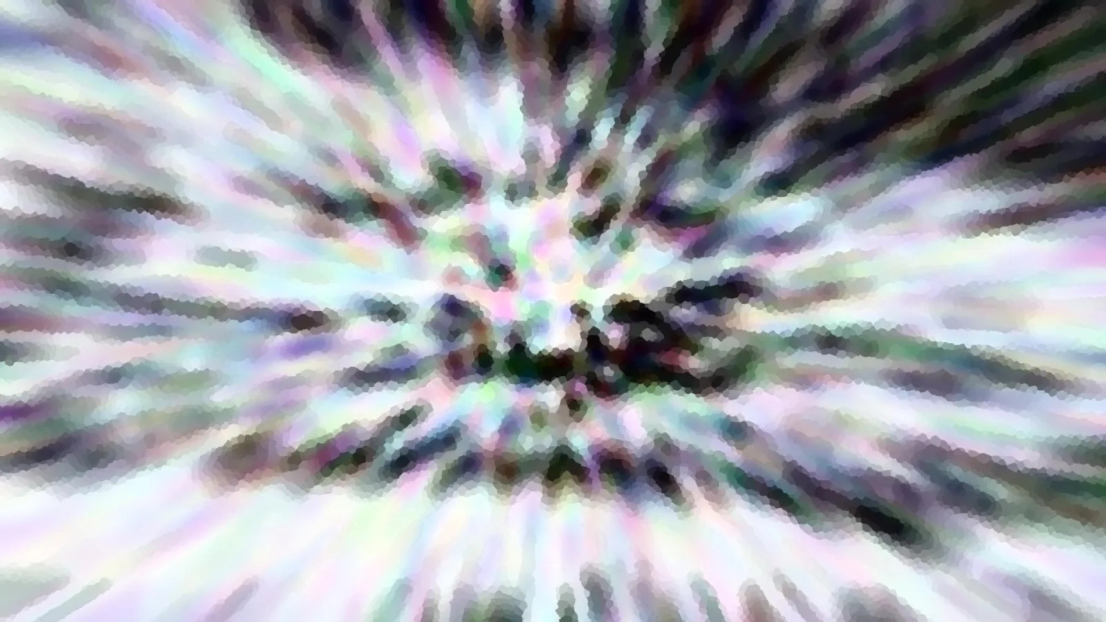 Abstrakte Komposition aus radial von einem Zentrum ausgehenden Streifen in Weiß, Pastell-Lila, Mintgrün und Dunkelgrau, mit pixeliger Struktur.