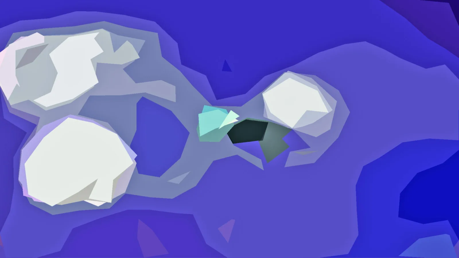 Abstrakte, facettierte Komposition in Blau- und Violetttönen mit großen weißen Flächen links, rechts und unten sowie kleinen türkisen und dunklen Formen in der Mitte.