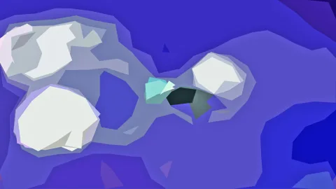 Abstrakte, facettierte Komposition in Blau- und Violetttönen mit großen weißen Flächen links, rechts und unten sowie kleinen türkisen und dunklen Formen in der Mitte.
