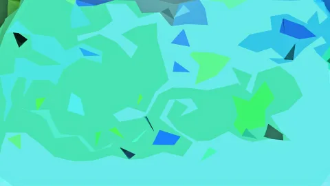 Abstrakte Komposition aus unregelmäßigen grünen, türkisfarbenen und blauen Flächen mit dunklen Dreiecken.