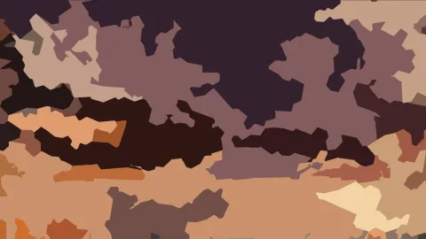 Abstraktes Bild aus unregelmäßigen Flächen in Braun-, Mauve- und Orangetönen, dunkle Zonen oben und in der Mitte, helle Flächen unten.