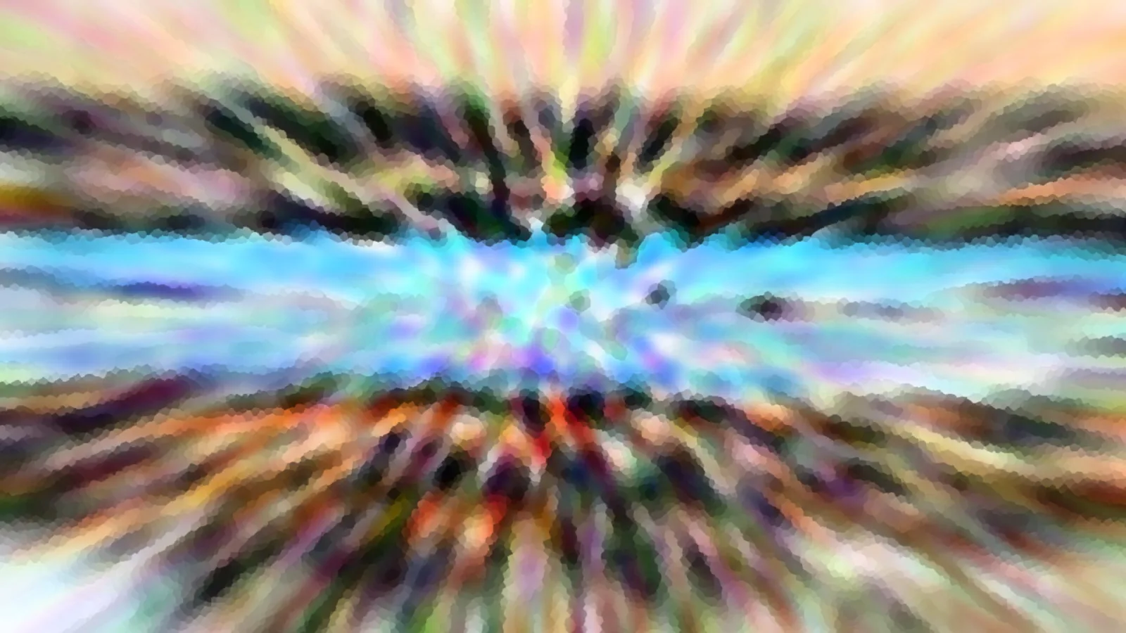 Abstraktes Bild mit radialen Farbstrahlen, die von der Mitte nach außen laufen. In der Mitte ein helles blaues Band, oben und unten dunkle Schlieren in Pastellfarben, alles mosaikartig verpixelt.