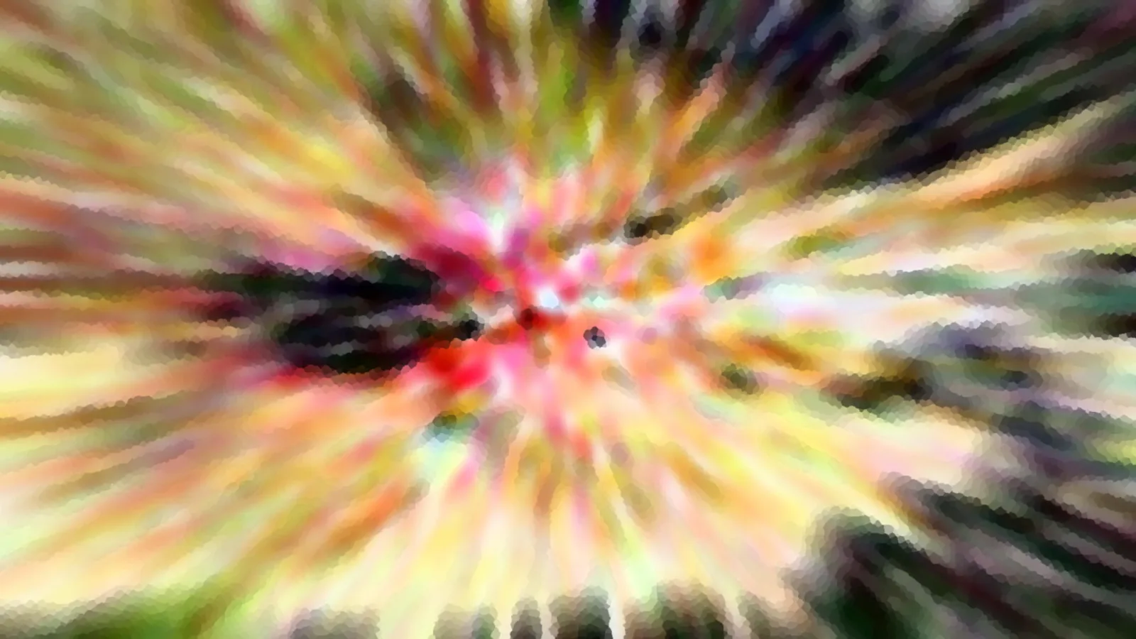Abstrakte Komposition aus radial von einem dunklen Zentrum nach außen laufenden Farbstrahlen in Pink, Gelb, Grün und Rot, mit mosaikartiger Pixelstruktur.