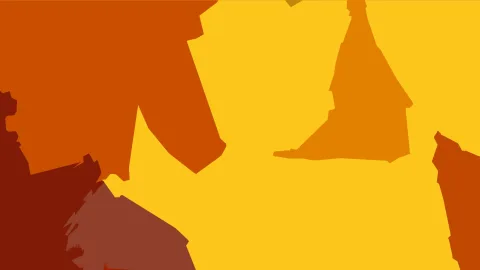 Abstrakte Komposition aus flachen gelben, orangefarbenen und rotbraunen Formen auf hellem Gelb.
