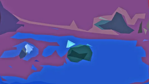 Abstrakte Komposition aus flächigen, kantigen Formen in Blau, Violett und Petrol. Im Zentrum liegt ein dunkler, petrolfarbener Polygon-Block, darüber helle Dreiecke.