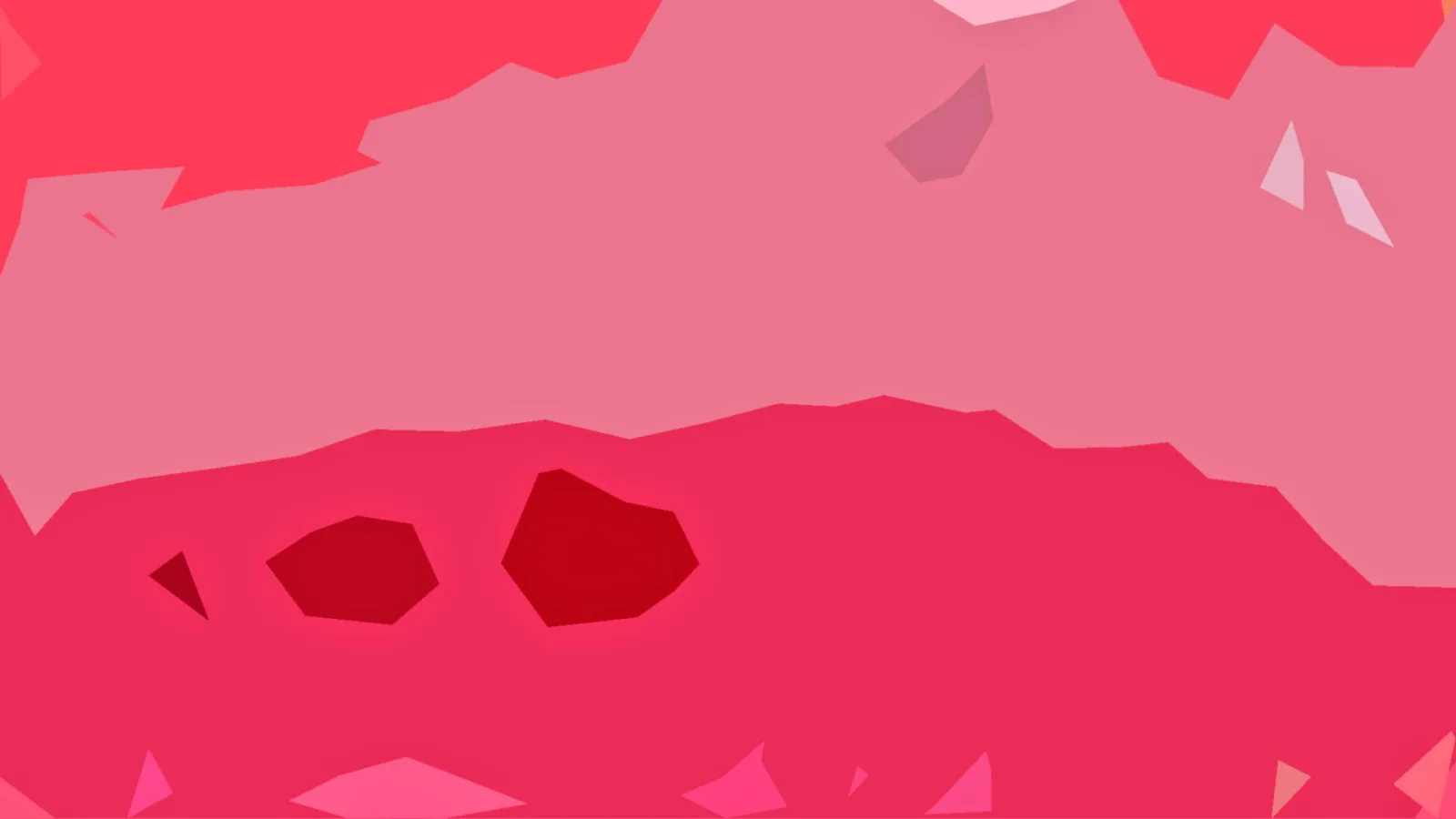 Abstrakte Komposition aus großen pinken und roten Polygonflächen mit dunkelroten Akzenten im unteren Bereich.