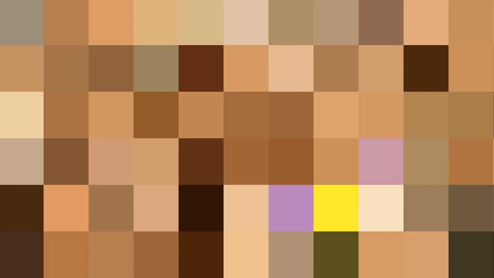 Quadratisches Pixelraster in Braun-, Ocker- und Beigetönen, dazwischen einzelne violette, gelbe und rosafarbene Felder.