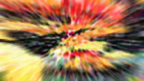 Abstrakte Komposition aus radial verlaufenden Streifen in Rot, Orange, Gelb und Grün mit dunklen Schlieren, die zur Mitte hin zusammenlaufen und körnig gepixelt wirken.