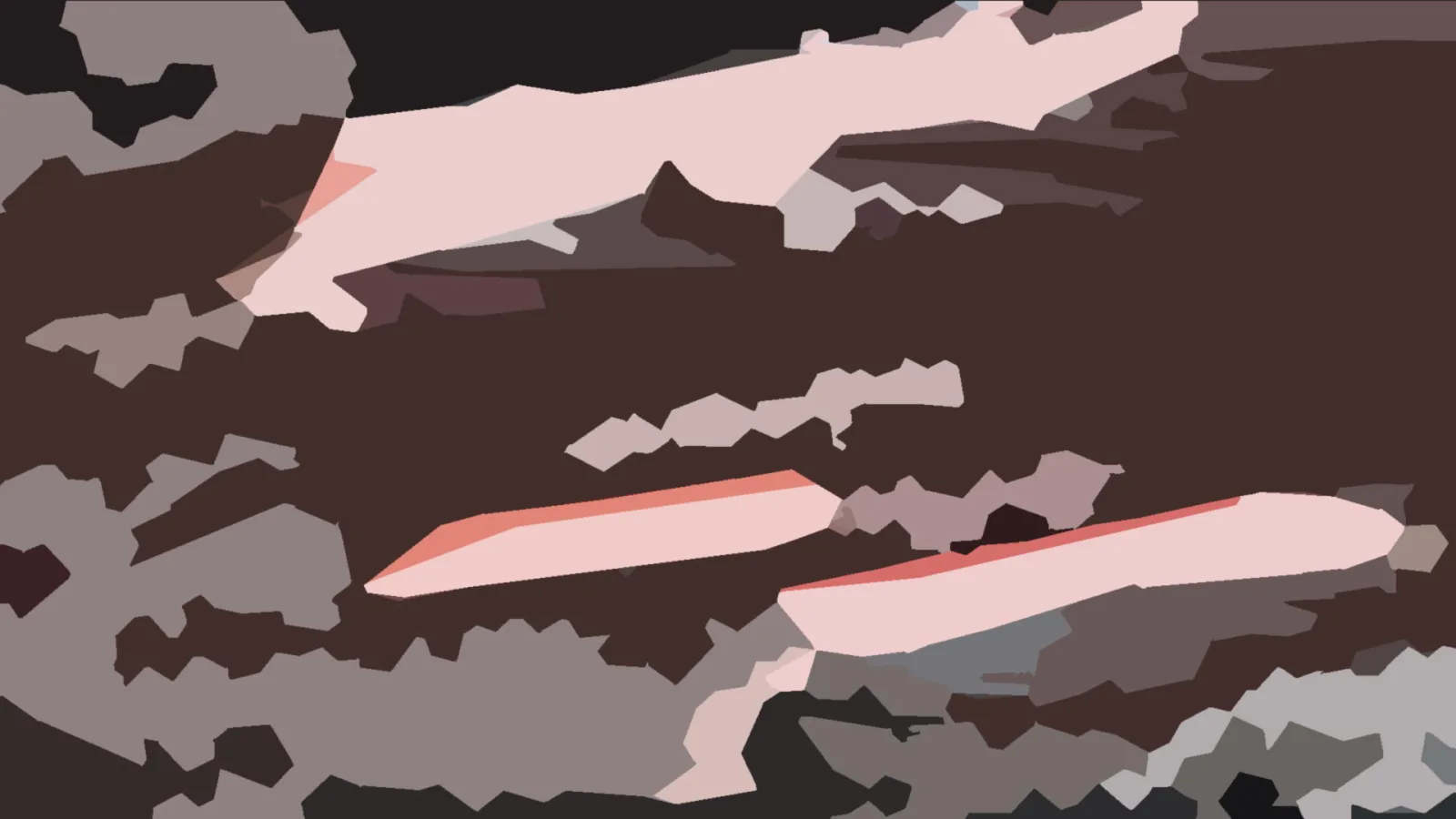 Abstrakte Komposition aus flachen, länglichen Formen in Rosa und Beige auf dunkelbraunem Grund, durchsetzt mit grauen Flächen.