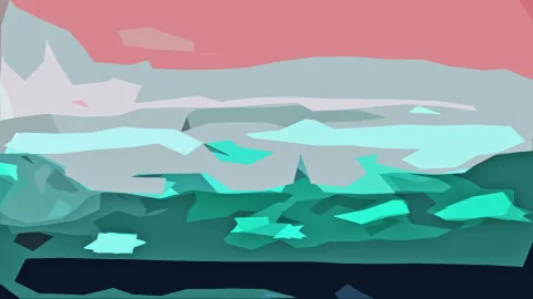 Abstrakte Landschaft aus kantigen Flächen in Türkis, Mintgrün und Grau, oben ein koralliroter Himmel, unten ein dunkles Marineblau.