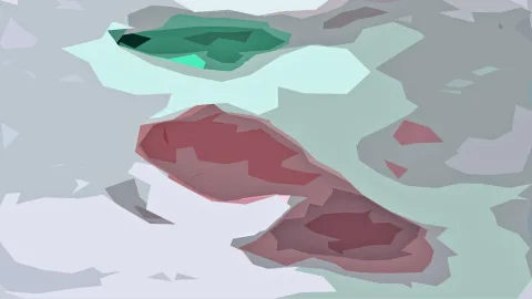 Abstraktes Bild aus unregelmäßigen, flächigen Formen in Mintgrün, Grau, Rosa und Dunkelgrün, die sich teils überlappen.
