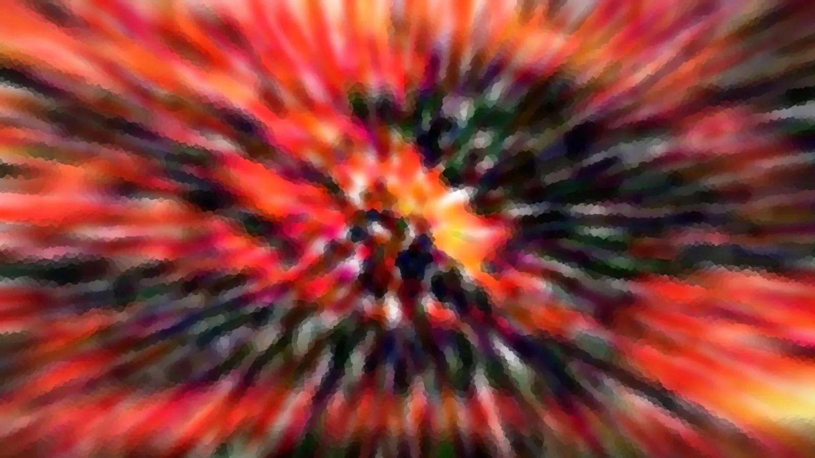 Abstrakte Komposition aus rot, orange, grün und weißen Schlieren, die radial von einem hellen Zentrum nach außen laufen.