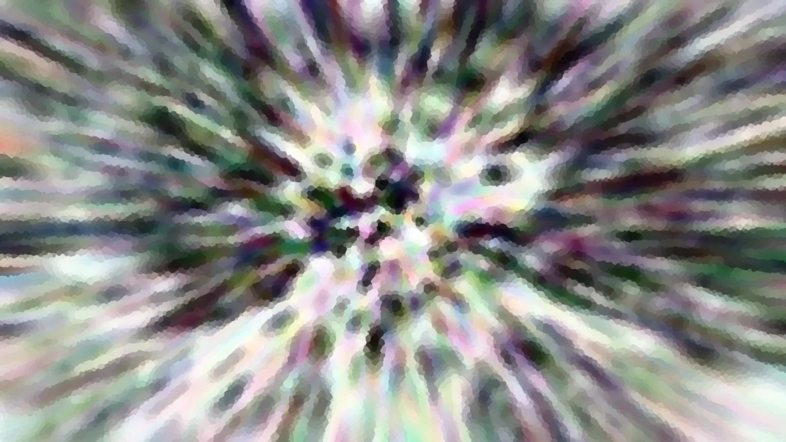 Abstraktes Bild mit bunten, pastellfarbenen Streifen, die radial von einem dunklen Zentrum nach außen strahlen, pixelig verfremdet.