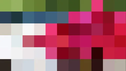 Abstraktes Raster aus farbigen Quadraten in Grün, Blau, Pink, Rot und Weiß.