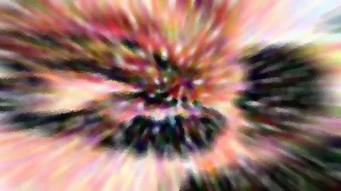 Abstraktes Bild mit radial von der Mitte nach außen verlaufenden Farbstreifen in Rosa, Rot, Gelb und Grün, dunkle Schlieren im Zentrum und rechts.