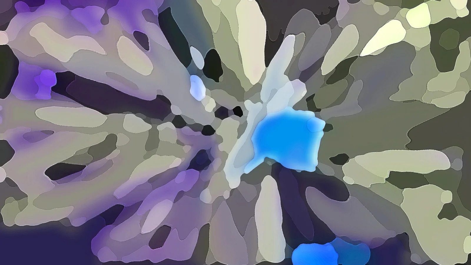 Abstrakte Komposition aus grauen, lila und olivfarbenen Formen, die von der Bildmitte nach außen strahlen, mit einem leuchtend blauen Fleck rechts der Mitte.