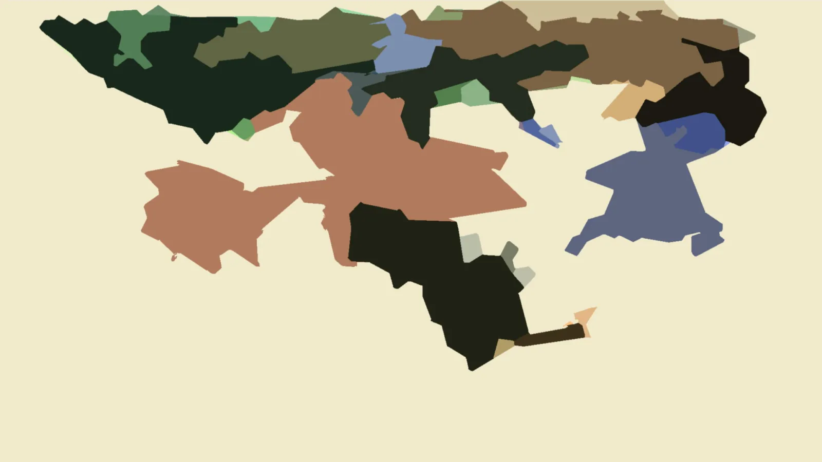 Abstrakte Komposition aus unregelmäßigen, flächigen Formen in Dunkelgrün, Oliv, Braun, Terrakotta, Schwarz und Schieferblau auf cremefarbenem Hintergrund.
