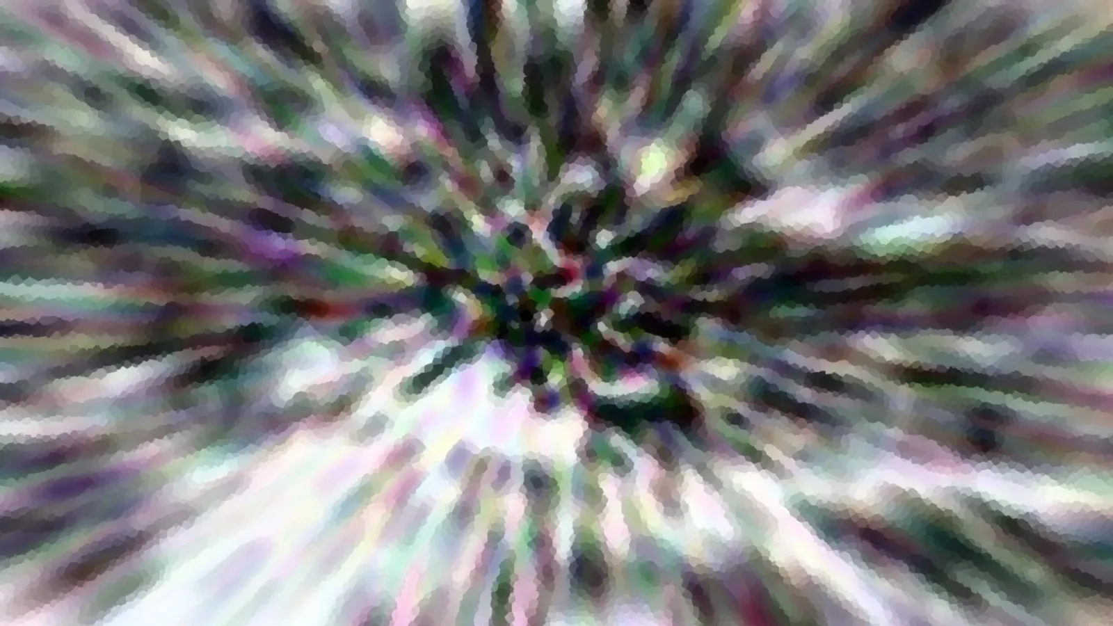 Abstraktes Bild mit radial von einem dunklen Zentrum ausstrahlenden Streifen in Grün, Violett und Weiß, stark verpixelt und verwischt.