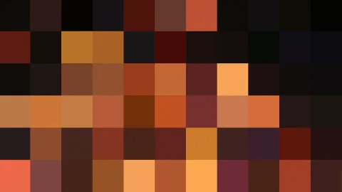 Abstraktes Mosaik aus quadratischen Pixelfeldern in Orange, Braun, Schwarz und Ocker, in einem Raster von zehn mal sechs Feldern angeordnet.