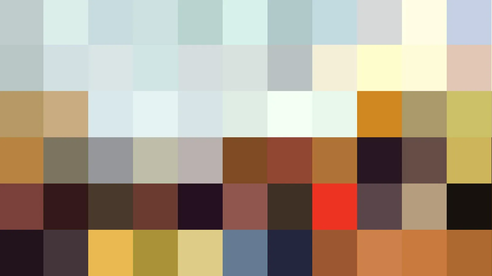 Raster aus rechteckigen Farbfeldern: oben blasse Blau- und Grüntöne, in der Mitte Beige und Gelb, unten Braun, Rot, Blaugrau und Orange.
