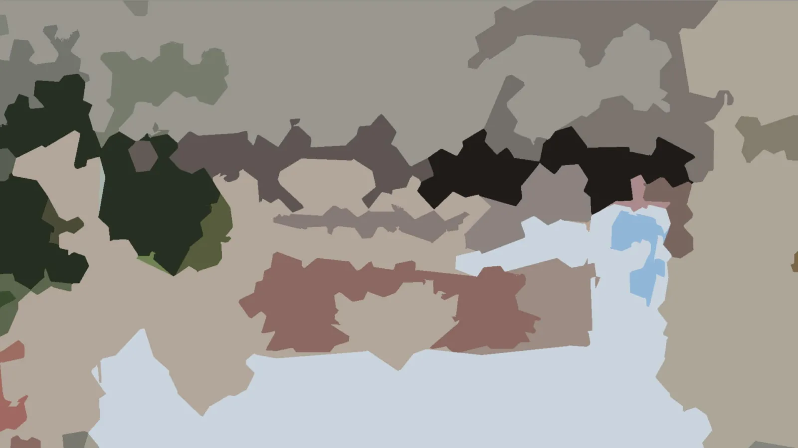Abstraktes Gemälde aus flächigen Formen in Beige, Grau, Schwarz, Dunkelgrün, Rotbraun und Hellblau