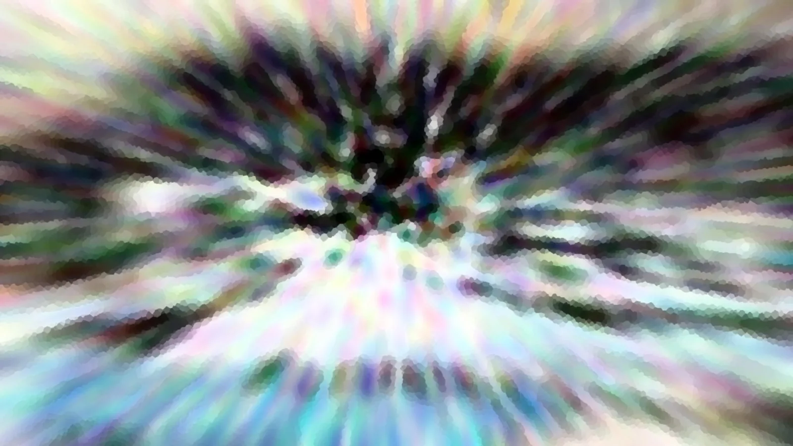 Abstrakte, radial verwischte Farbstreifen in Pastelltönen mit dunklem Zentrum und grober Pixelstruktur.
