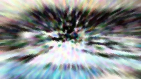 Abstrakte, radial verwischte Farbstreifen in Pastelltönen mit dunklem Zentrum und grober Pixelstruktur.