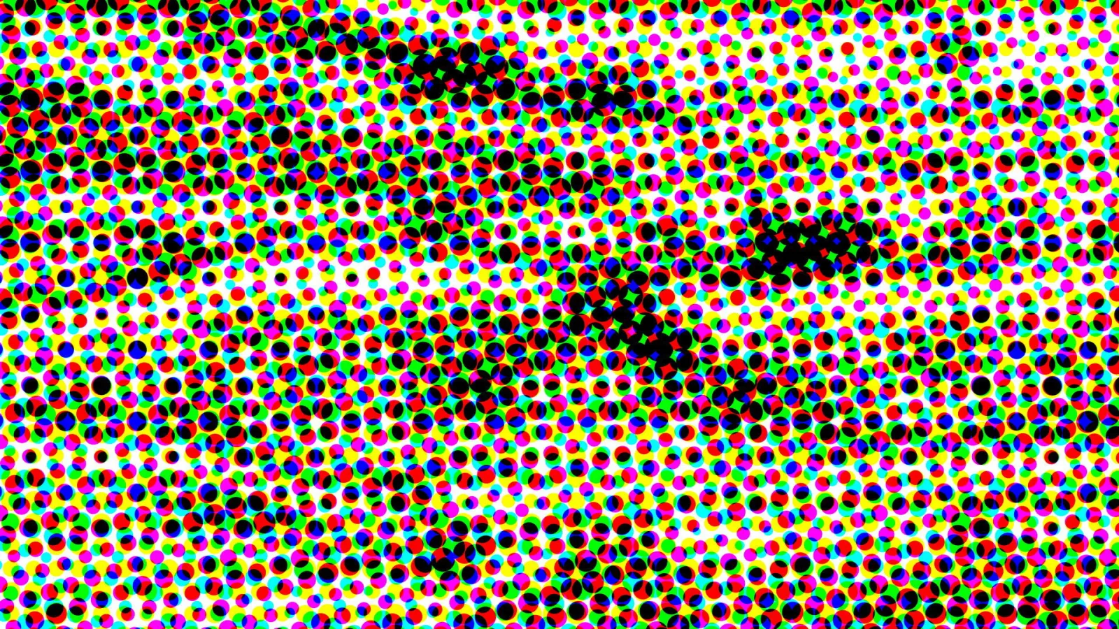 Dichtes Raster aus kleinen Punkten in Rot, Gelb, Grün, Blau, Magenta und Cyan auf weißem Grund, dazwischen dunkle schwarze Flecken.
