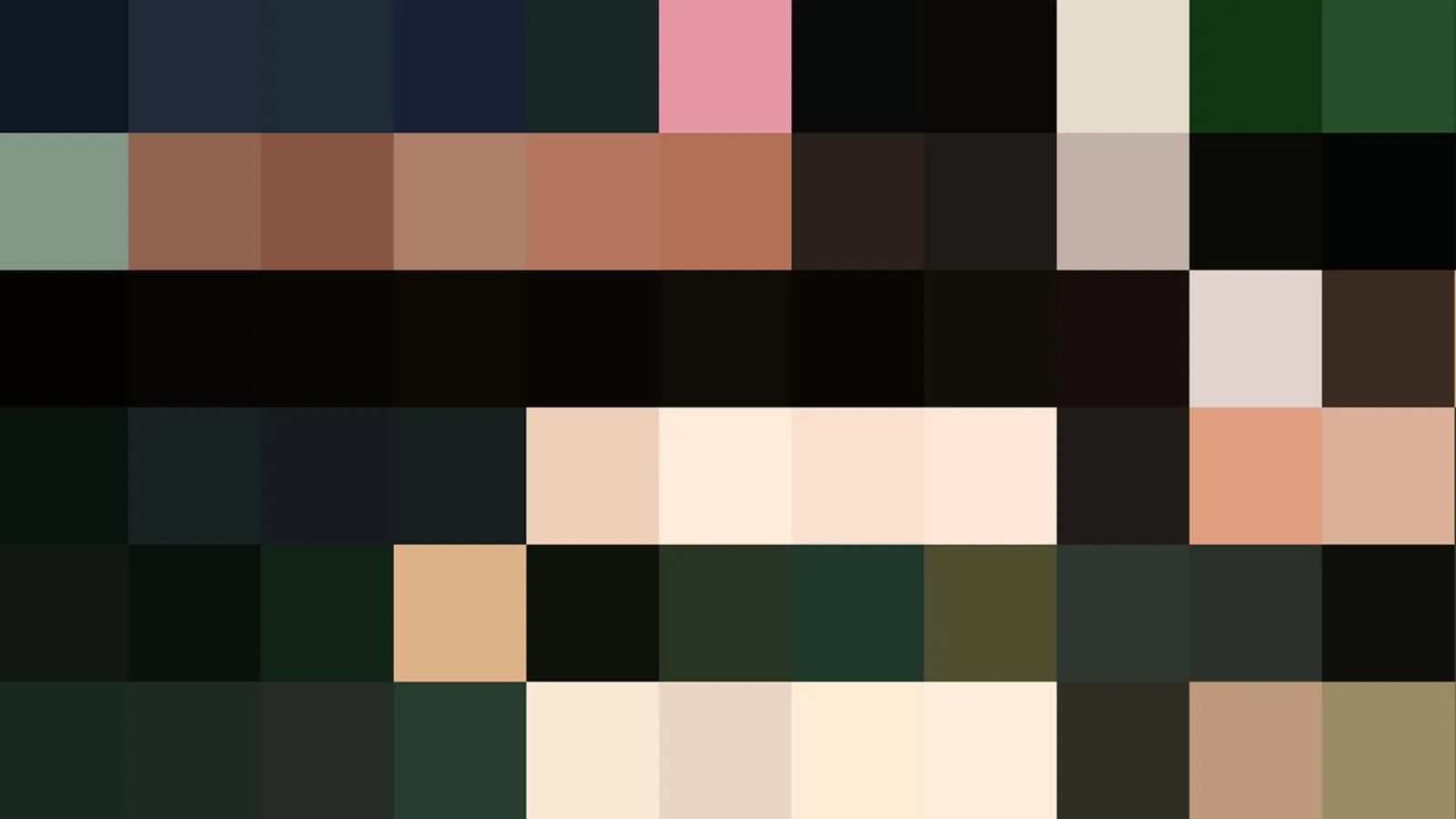 Grobes Mosaik aus quadratischen Farbblöcken in dunklem Blau, Braun, Rosa, Beige und Schwarz, in Zeilen angeordnet.