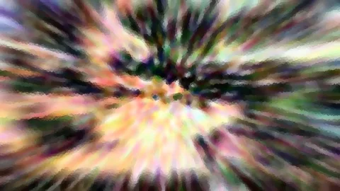 Abstrakte Komposition aus radial von der Mitte nach außen laufenden Farbstreifen in Rosa, Gelb, Grün und Violett, mit pixeliger Körnung.