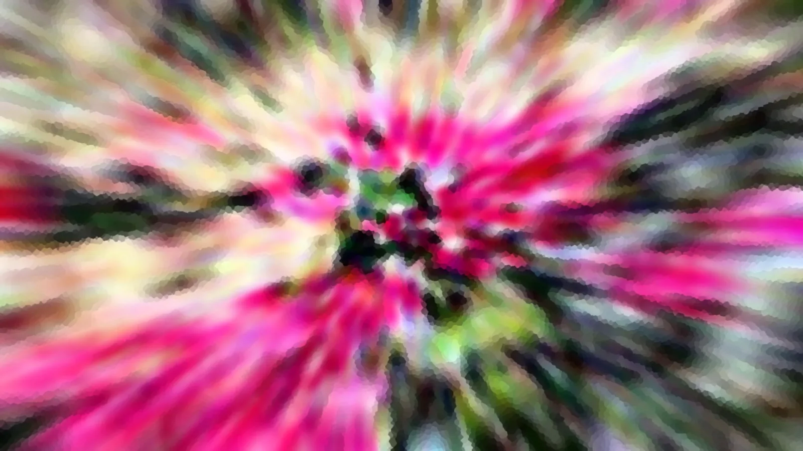 Abstraktes Bild mit radial von der Mitte ausgehenden Streifen in Pink, Rot, Gelb und Grün, dazwischen dunkle Flecken.