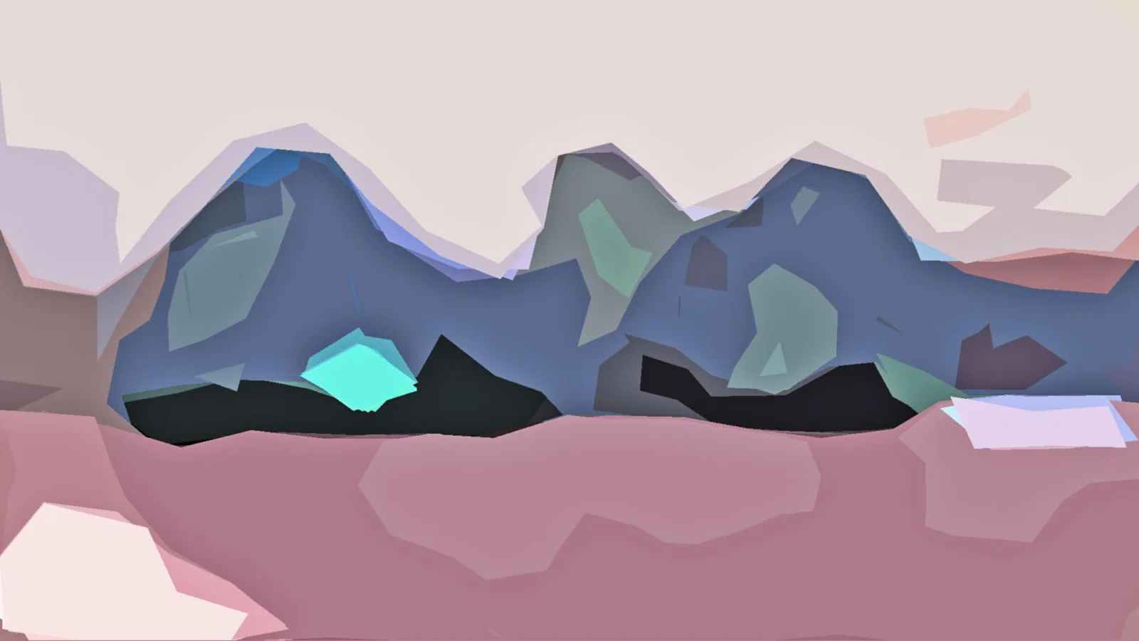Abstrakte Landschaft mit blau-grauen Felsrücken, einem leuchtend türkisen Kristall links unten, dunklen Schatten und einem rosafarbenen Vordergrund unter hellem Himmel.