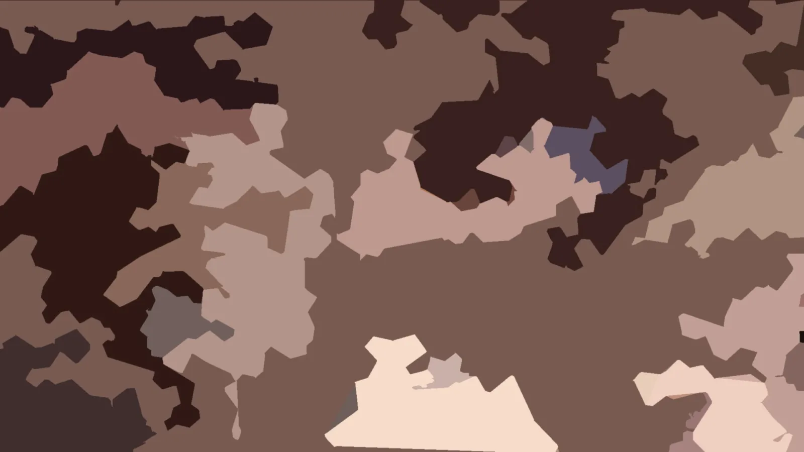 Abstraktes Muster aus braunen, beigen und dunkelbraunen Flecken, dazwischen ein hellrosa Bereich und ein blaugraues Feld.