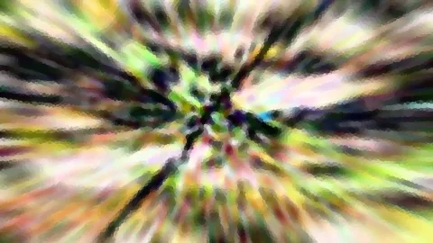 Abstrakte radiale Unschärfe mit gelben, grünen, rosa und dunklen Streifen, die von einem dunklen Zentrum nach außen laufen, in mosaikartiger Pixelstruktur.