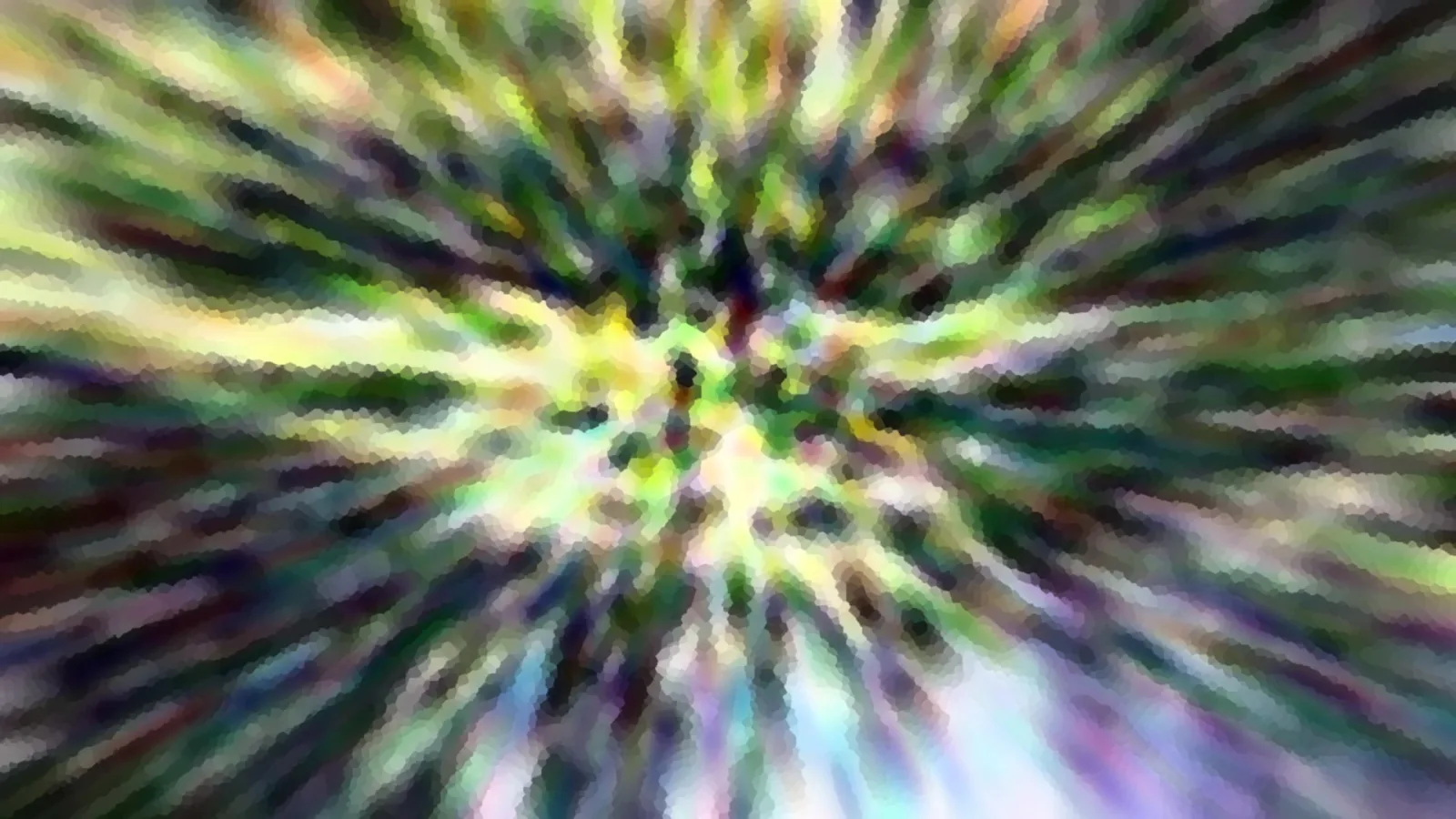 Abstrakte Komposition aus radial angeordneten grünen, gelben und violetten Farbschlieren, pixelig verwischt.