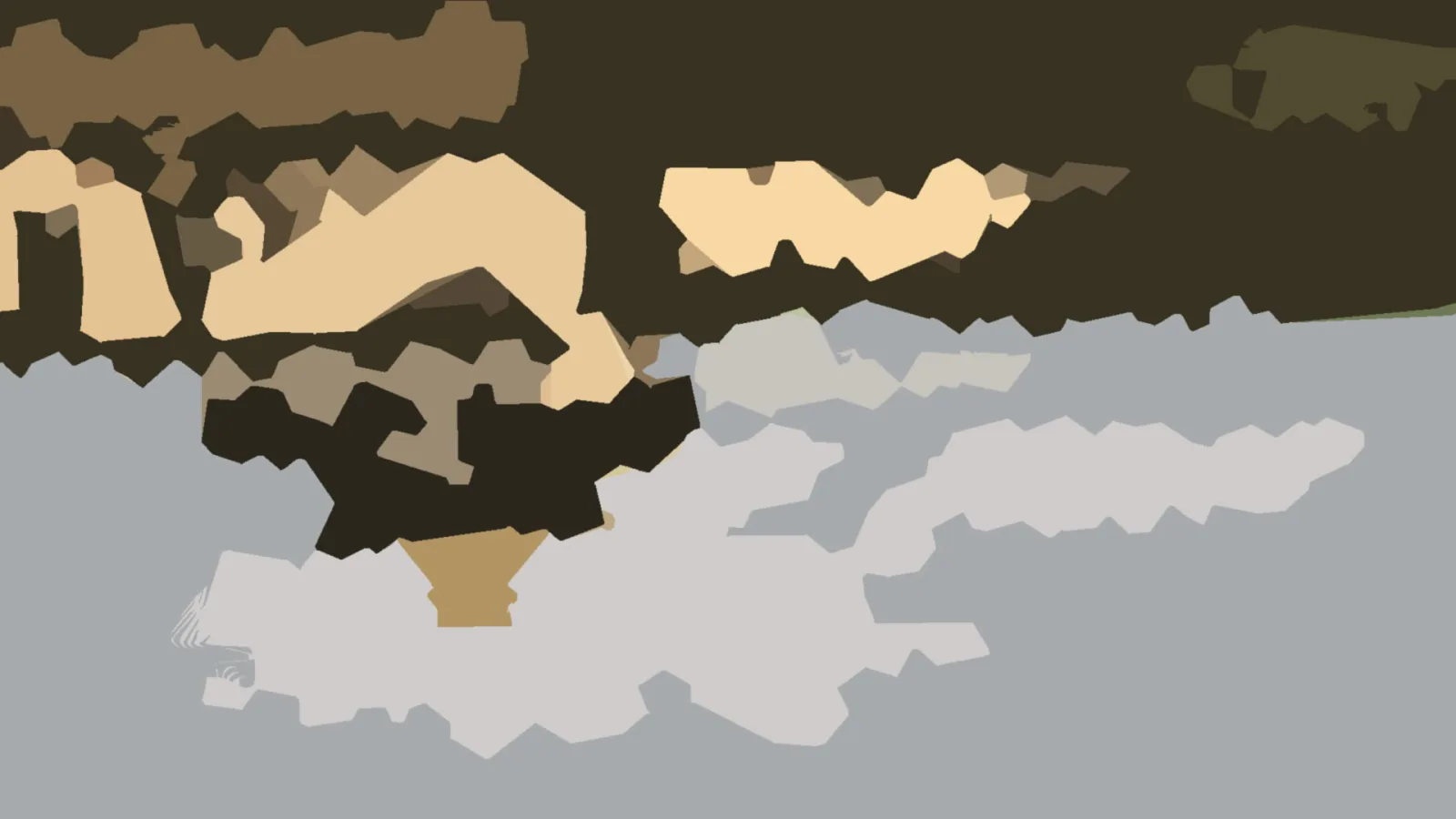 Abstrakte Komposition aus unregelmäßigen Flächen in Dunkelbraun, Beige, Olivgrün und Grau.