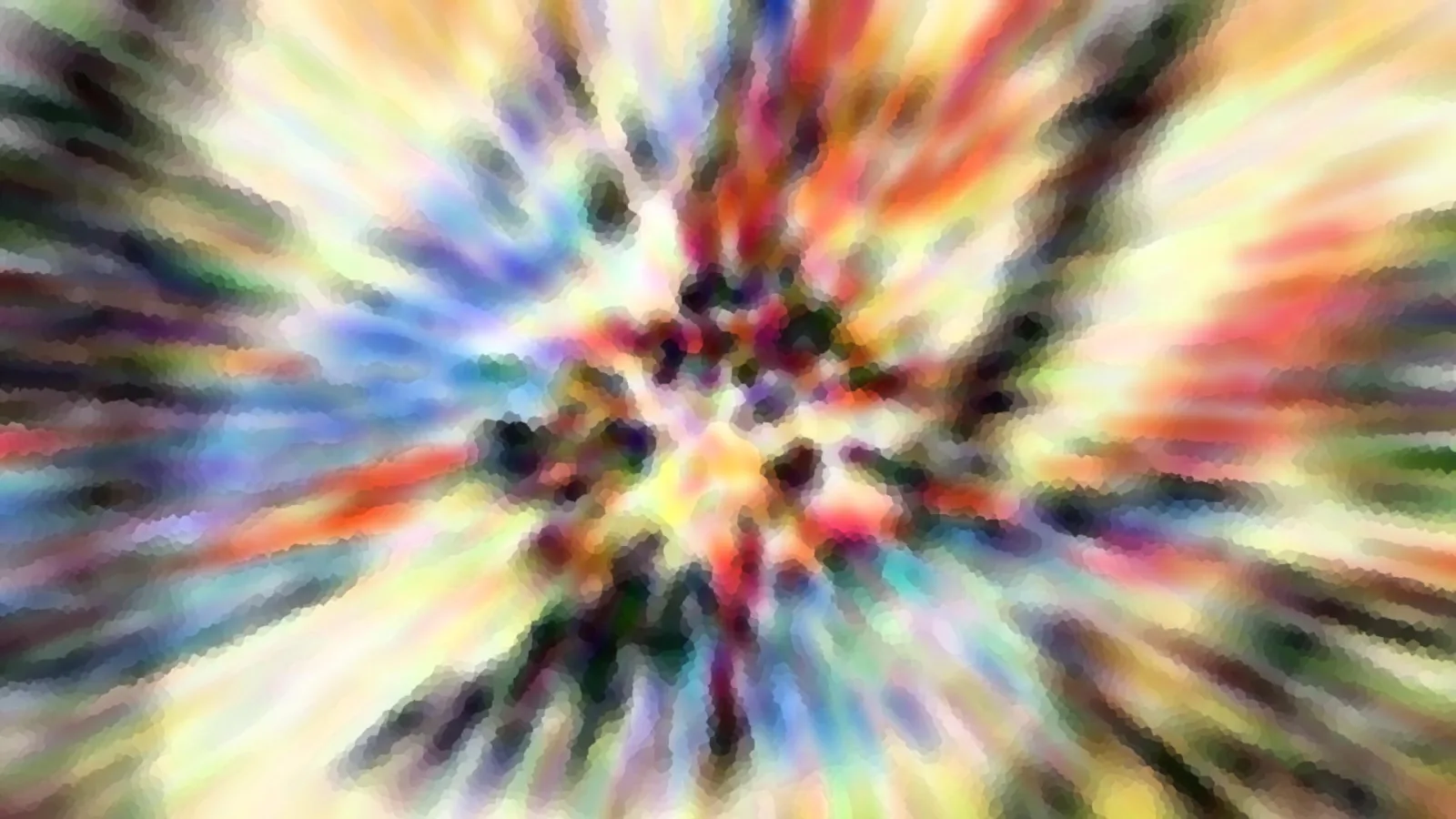 Abstraktes Bild mit bunten Farbstrahlen, die von einem dunklen Zentrum in der Mitte nach außen schießen, leicht verpixelt.