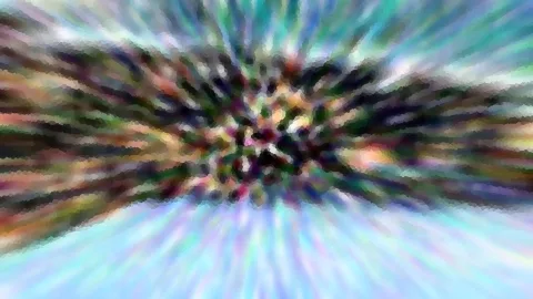 Abstrakte Komposition aus bunten, radial verwischten Farbstreifen mit einem dunklen, mosaikartigen Zentrum in der Mitte.
