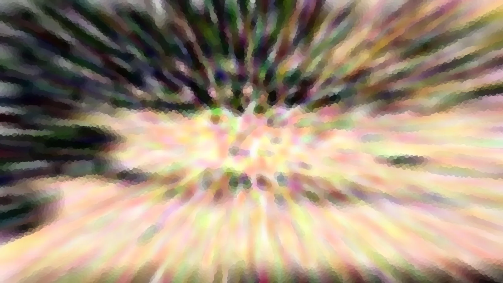 Abstraktes Bild mit farbigen Streifen in Grün, Violett und Gelb, die von einem hellen Zentrum radial nach außen verlaufen, unscharf und grob gepixelt.