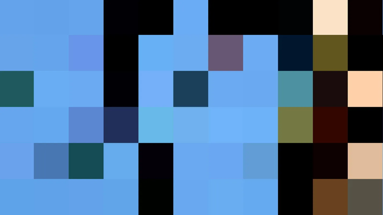 Pixeliges Mosaik aus blauen, schwarzen, braunen und hellbeigen Quadraten in einem Raster aus zehn Spalten und sechs Zeilen.