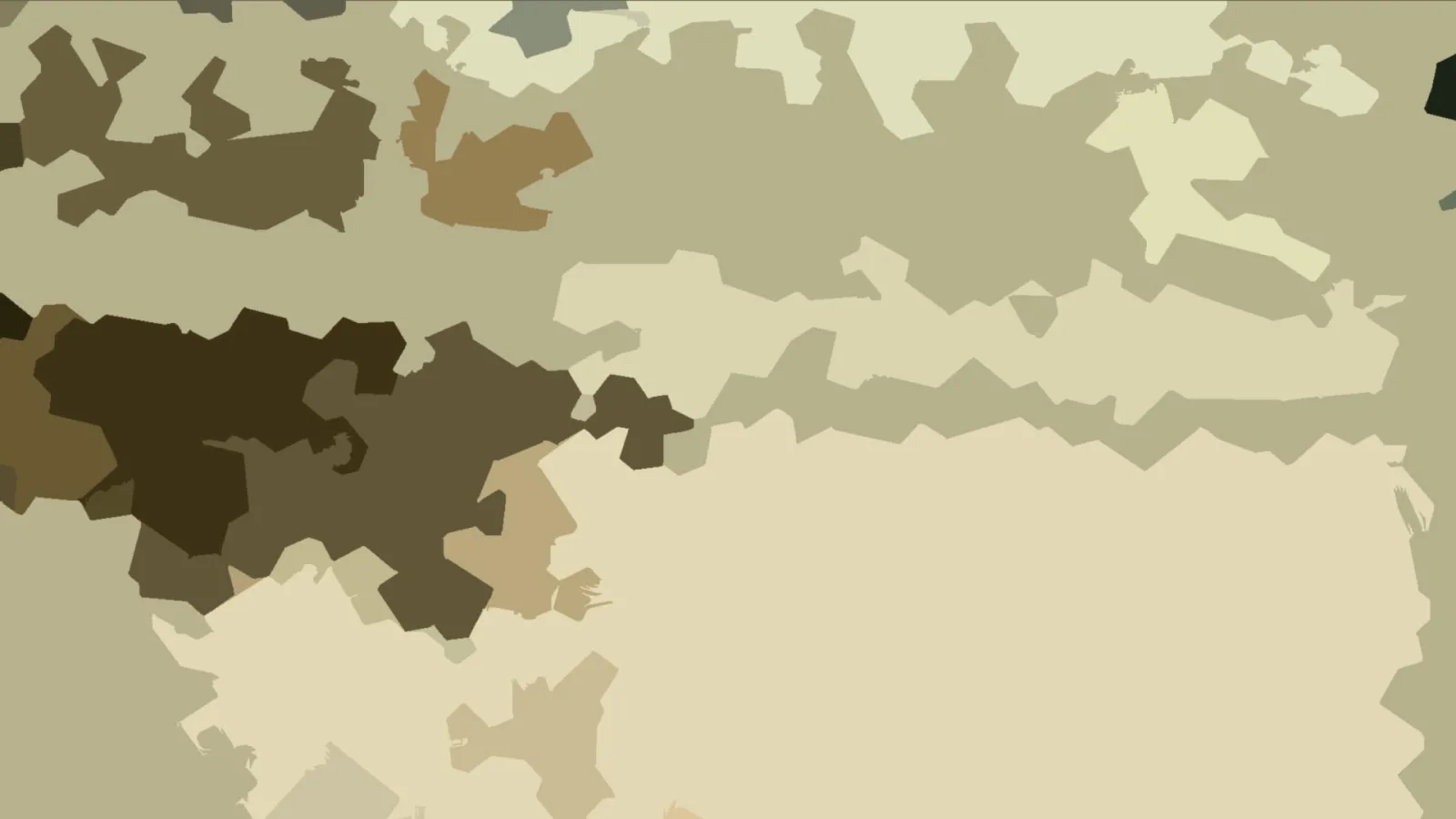 Abstrakte Komposition aus unregelmäßigen beigen, braunen und dunkelgrünen Flächen.