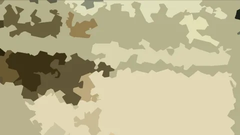 Abstrakte Komposition aus unregelmäßigen beigen, braunen und dunkelgrünen Flächen.
