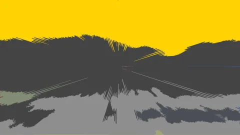 Abstraktes Bild mit einem leuchtend gelben Himmel über dunkelgrauen, zackigen Hügelformen und hellgrauen Flächen, durchzogen von strahlenförmigen Linien, die auf einen Punkt in der Bildmitte zulaufen.
