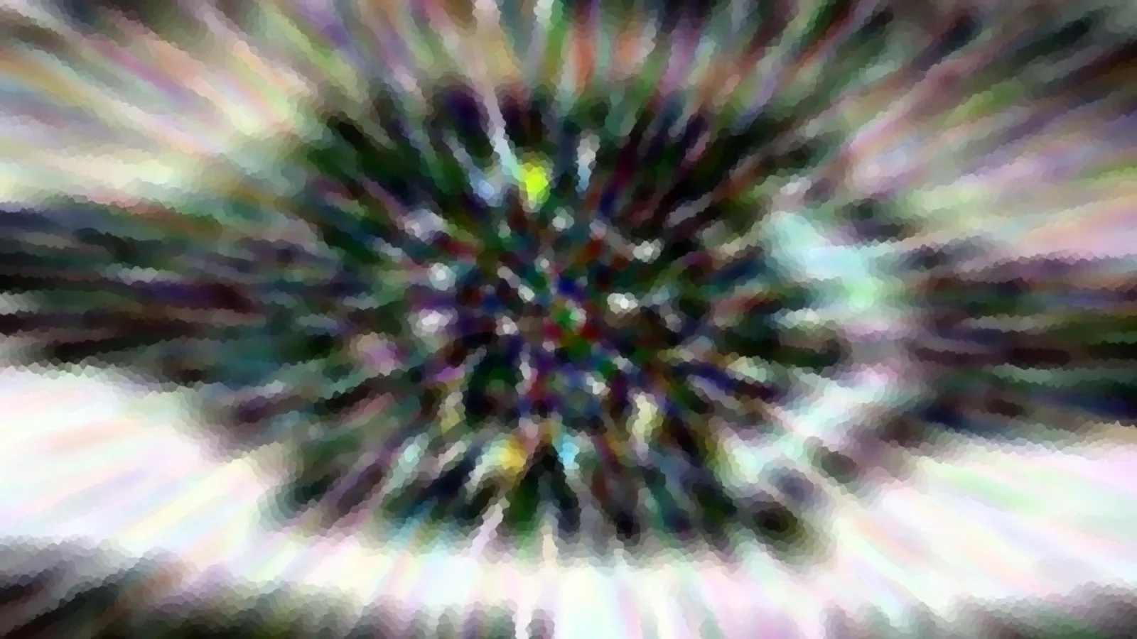 Abstrakte Komposition mit radialen, bunten Schlieren, die von einem dunklen, grün-violetten Zentrum nach außen strahlen, mit mosaikartiger Körnung.