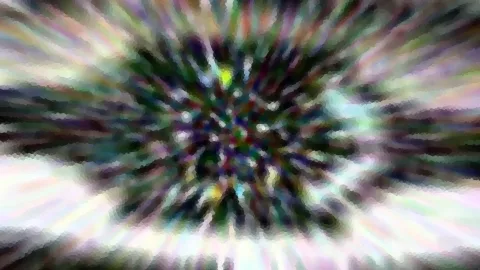Abstrakte Komposition mit radialen, bunten Schlieren, die von einem dunklen, grün-violetten Zentrum nach außen strahlen, mit mosaikartiger Körnung.